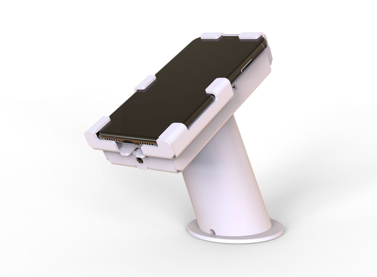 A smartphone securely displayed using a white Vise HD from RTF Global