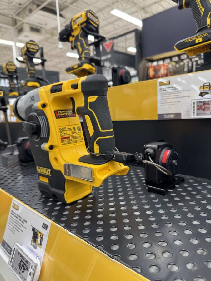 Power tool secured to a retail display using recoiler security tethers from RTF Global