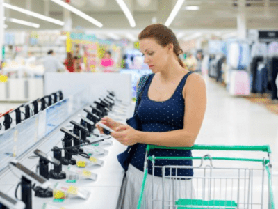 Woman shopping for mobile phones secured by RTF Global security devices