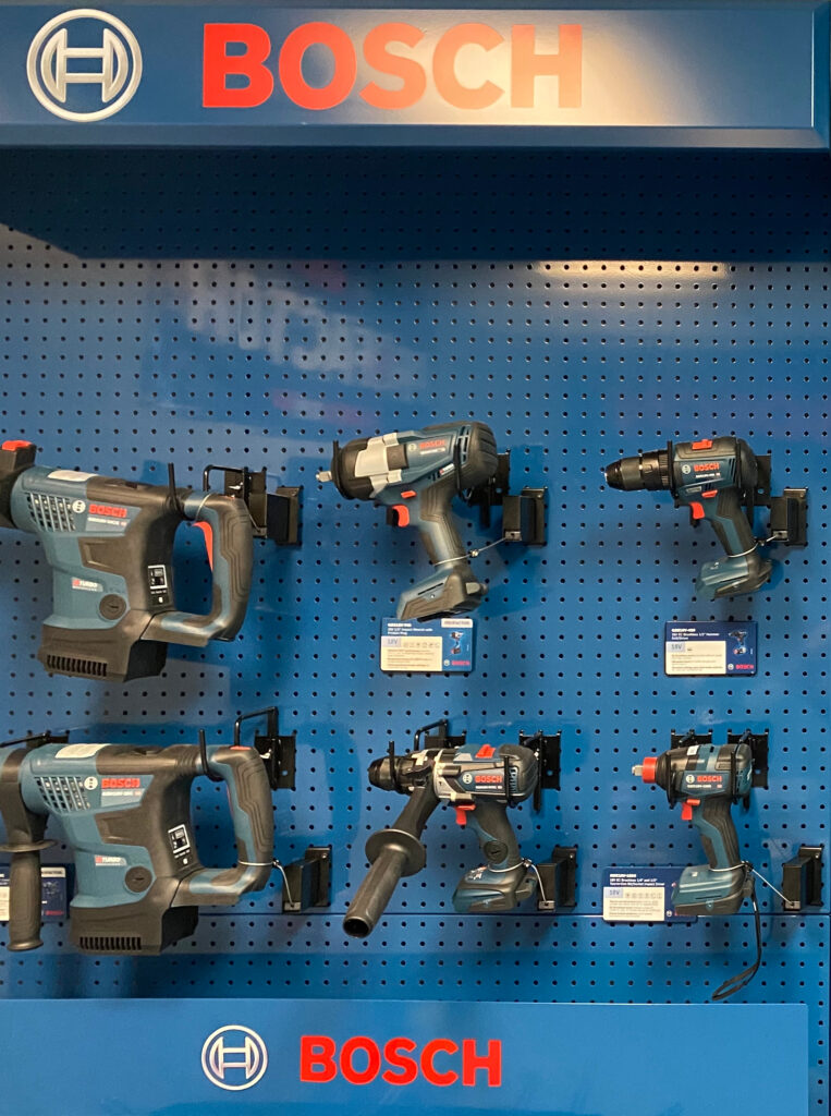 Bosch power tools secured to a retail display using RTF Global products