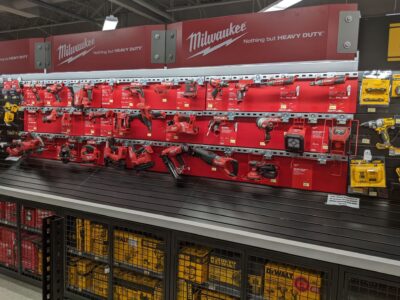 Hardware store inventory secured to retail displays by recoilers from RTF Global