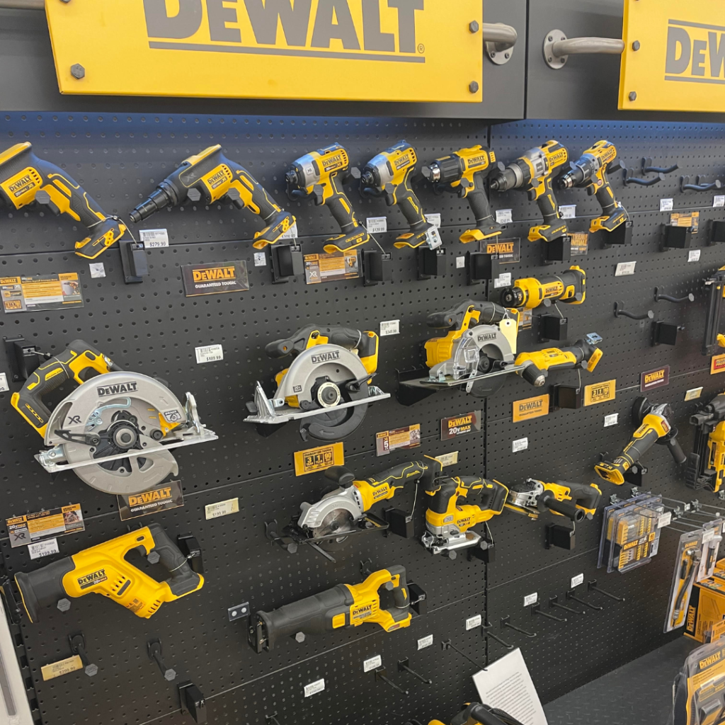 Dewalt power tool retail display secured by recoilers from RTF Global