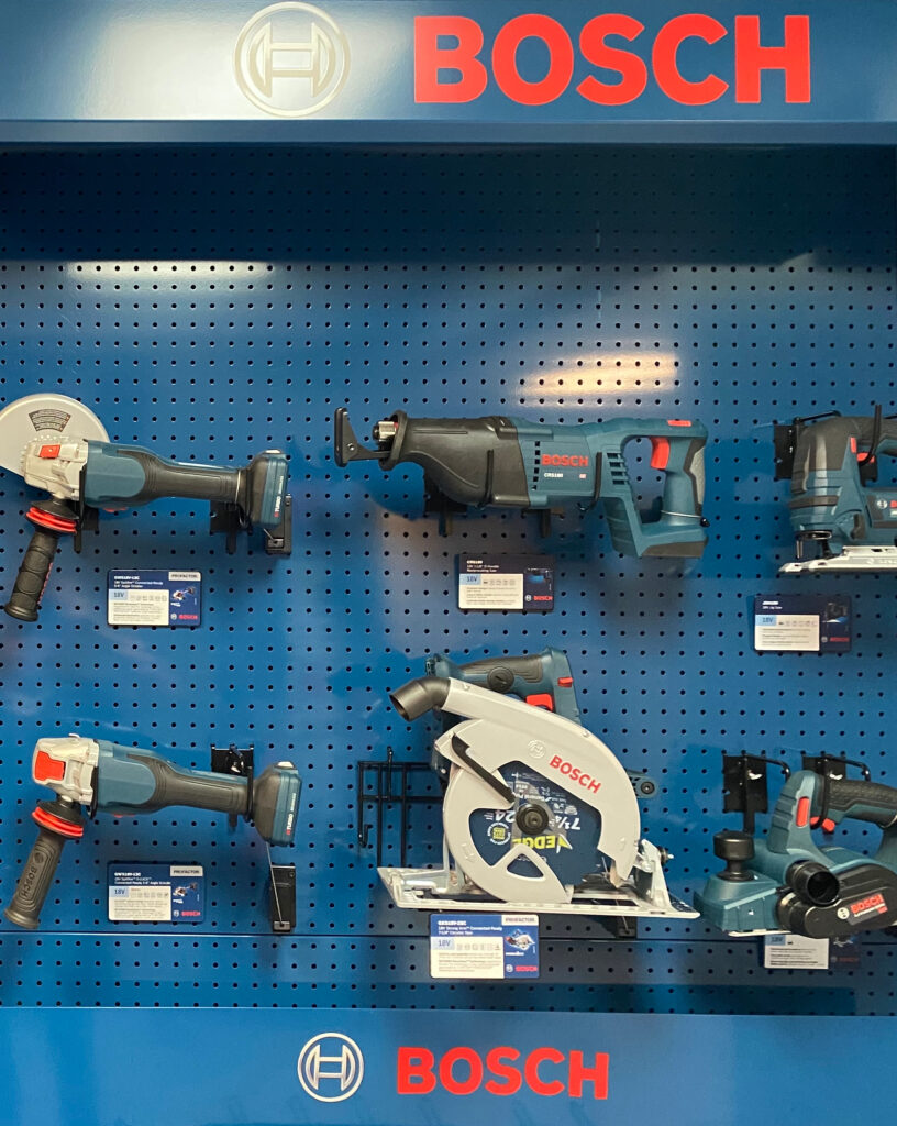 Bosch power tools secured to a retail display using ToolGuard from RTF Global