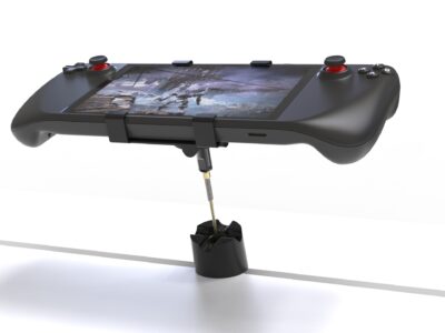 Retractable display tether from RTF Global attached to a gaming console