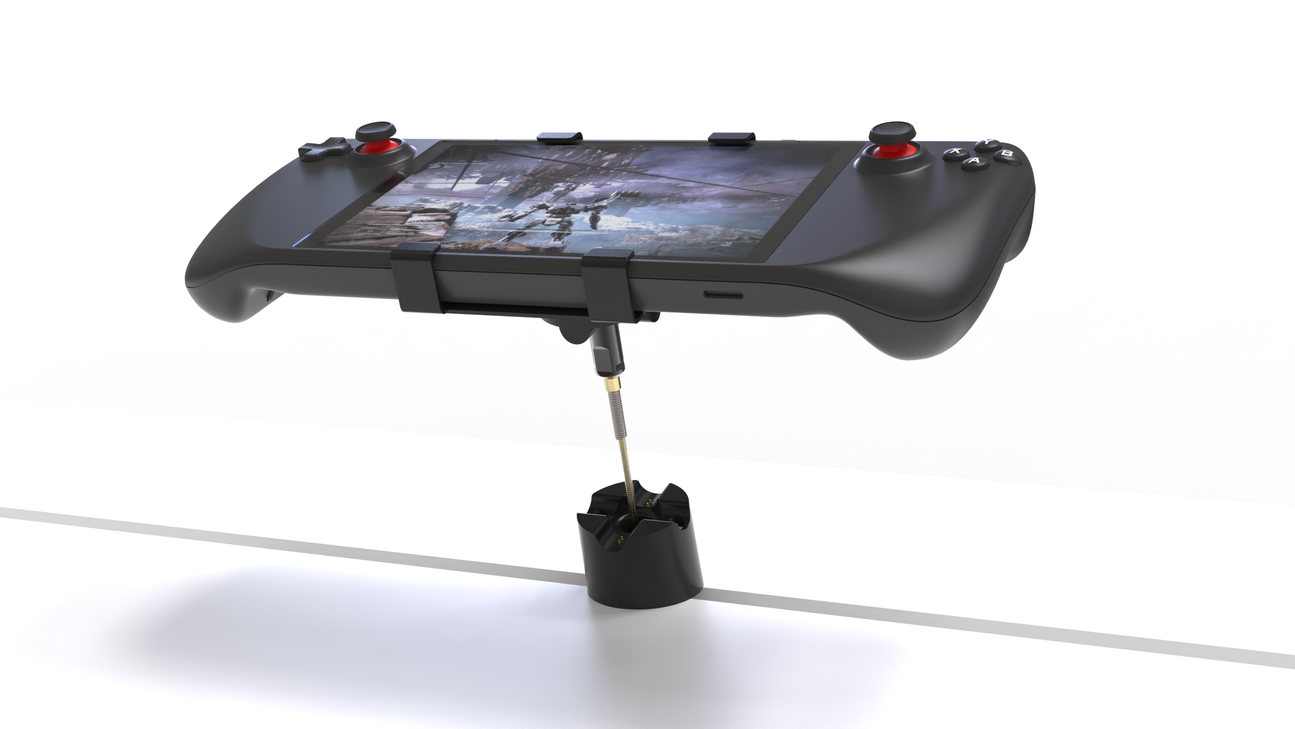 Retractable display tether from RTF Global attached to a gaming console