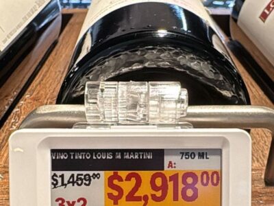 Electronic shelf label showing digital product pricing and information on a retail shelf