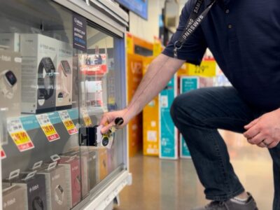 MTI retail smart lock installed on a secured merchandise cabinet for keyless employee access
